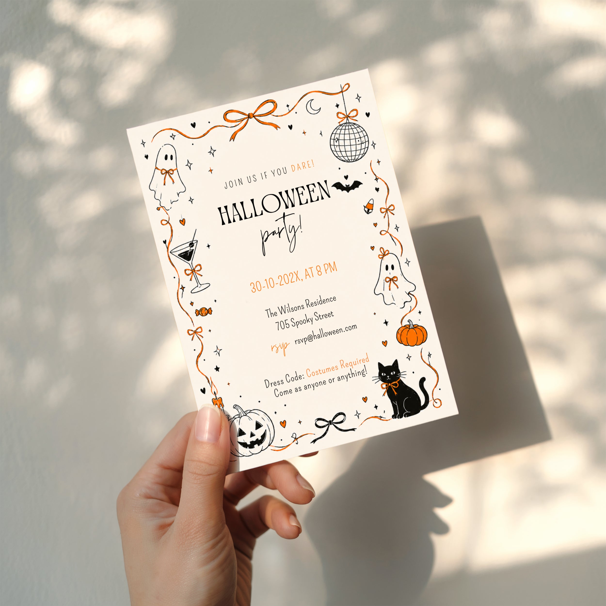Doodle Halloween party invitation with hand-drawn ghosts, orange bows, disco ball, black cat, pumpkins, and playful black and orange details.