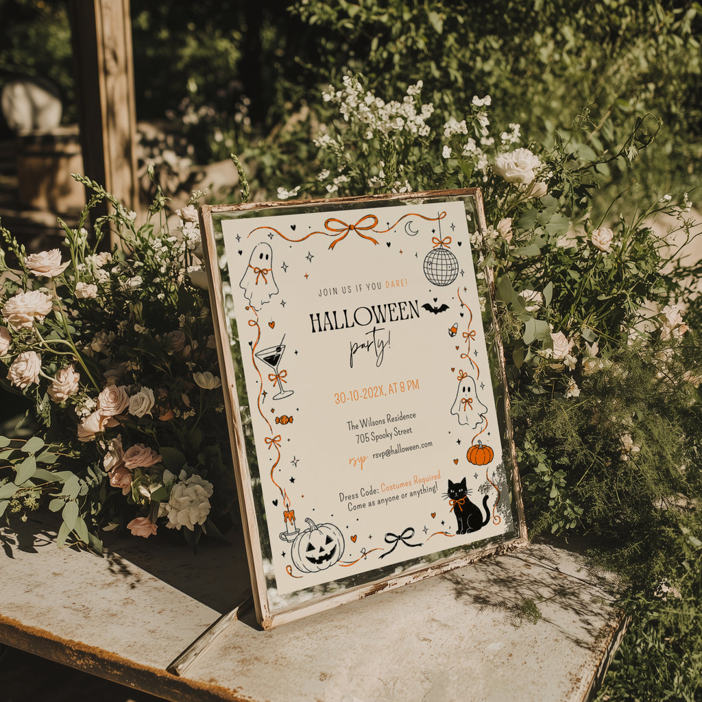 Doodle Halloween party invitation with hand-drawn ghosts, orange bows, disco ball, black cat, pumpkins, and playful black and orange details.