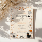 Doodle Halloween party invitation with hand-drawn ghosts, orange bows, disco ball, black cat, pumpkins, and playful black and orange details.