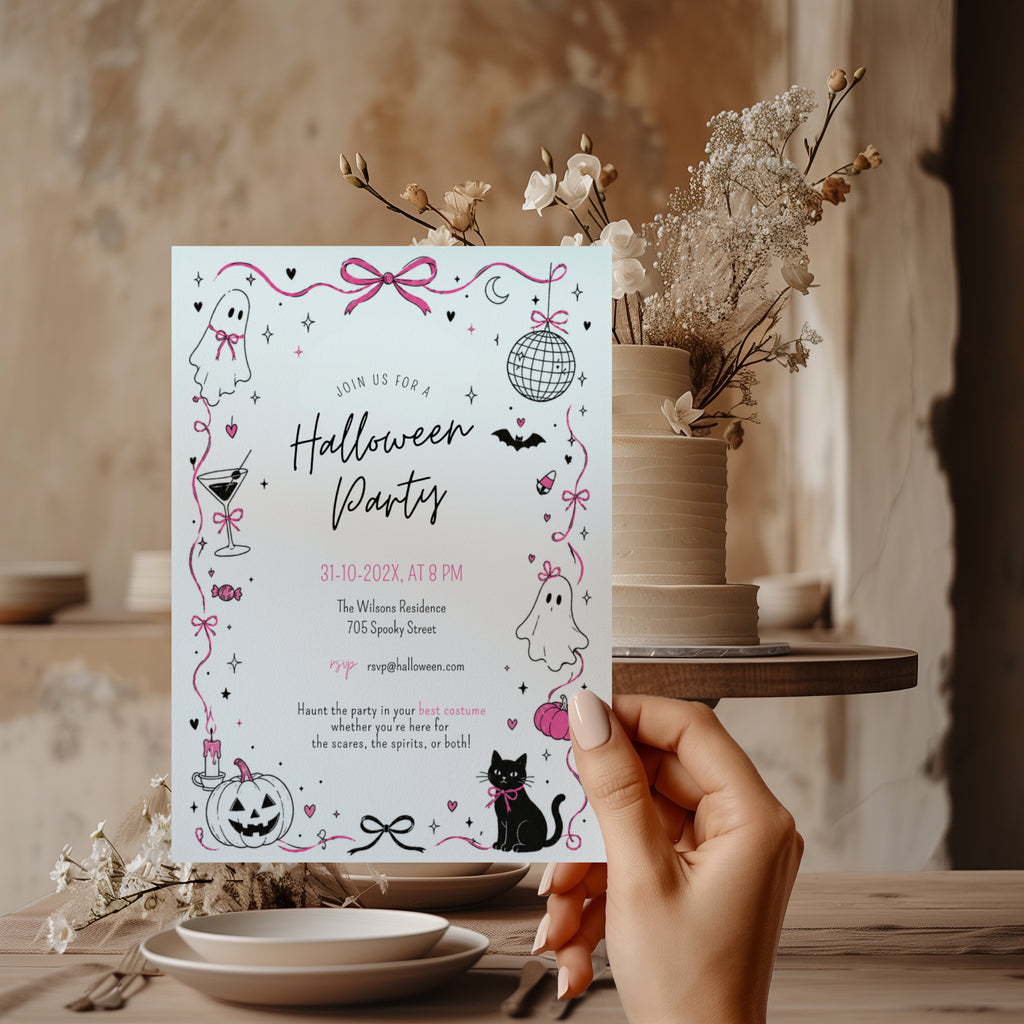 Pink doodle Halloween party invitation with cute ghosts, bows, disco ball, black cat, pumpkins, and whimsical hand-drawn spooky details.