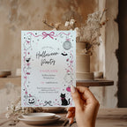 Pink doodle Halloween party invitation with cute ghosts, bows, disco ball, black cat, pumpkins, and whimsical hand-drawn spooky details.