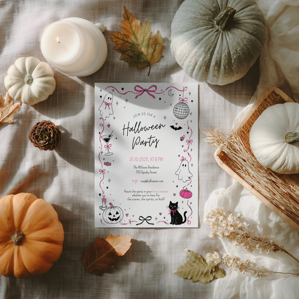 Pink doodle Halloween party invitation with cute ghosts, bows, disco ball, black cat, pumpkins, and whimsical hand-drawn spooky details.