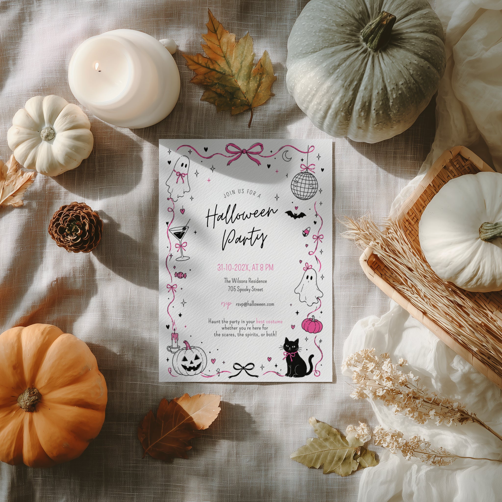 Pink doodle Halloween party invitation with cute ghosts, bows, disco ball, black cat, pumpkins, and whimsical hand-drawn spooky details.
