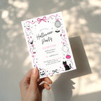 Pink doodle Halloween party invitation with cute ghosts, bows, disco ball, black cat, pumpkins, and whimsical hand-drawn spooky details.
