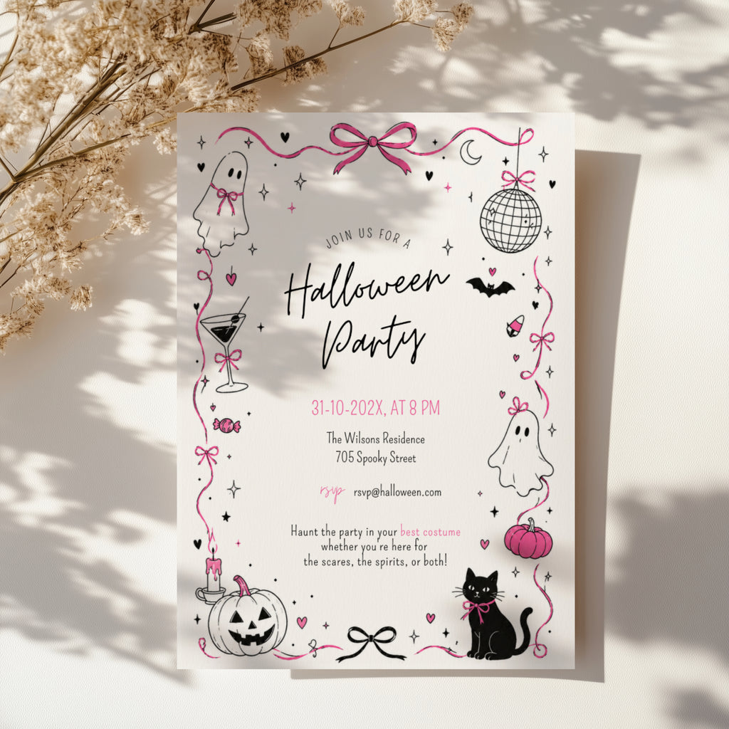 Pink doodle Halloween party invitation with cute ghosts, bows, disco ball, black cat, pumpkins, and whimsical hand-drawn spooky details.