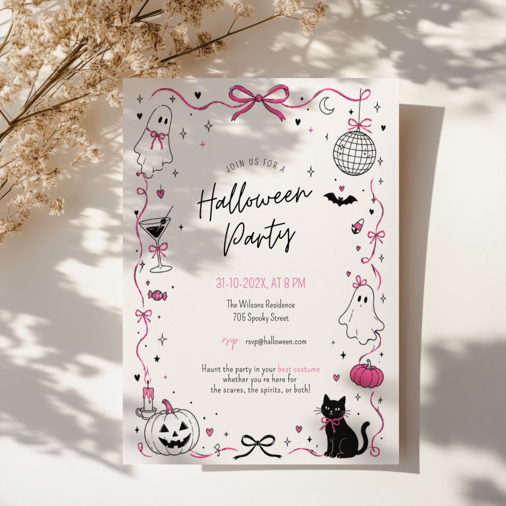 Pink doodle Halloween party invitation with cute ghosts, bows, disco ball, black cat, pumpkins, and whimsical hand-drawn spooky details.