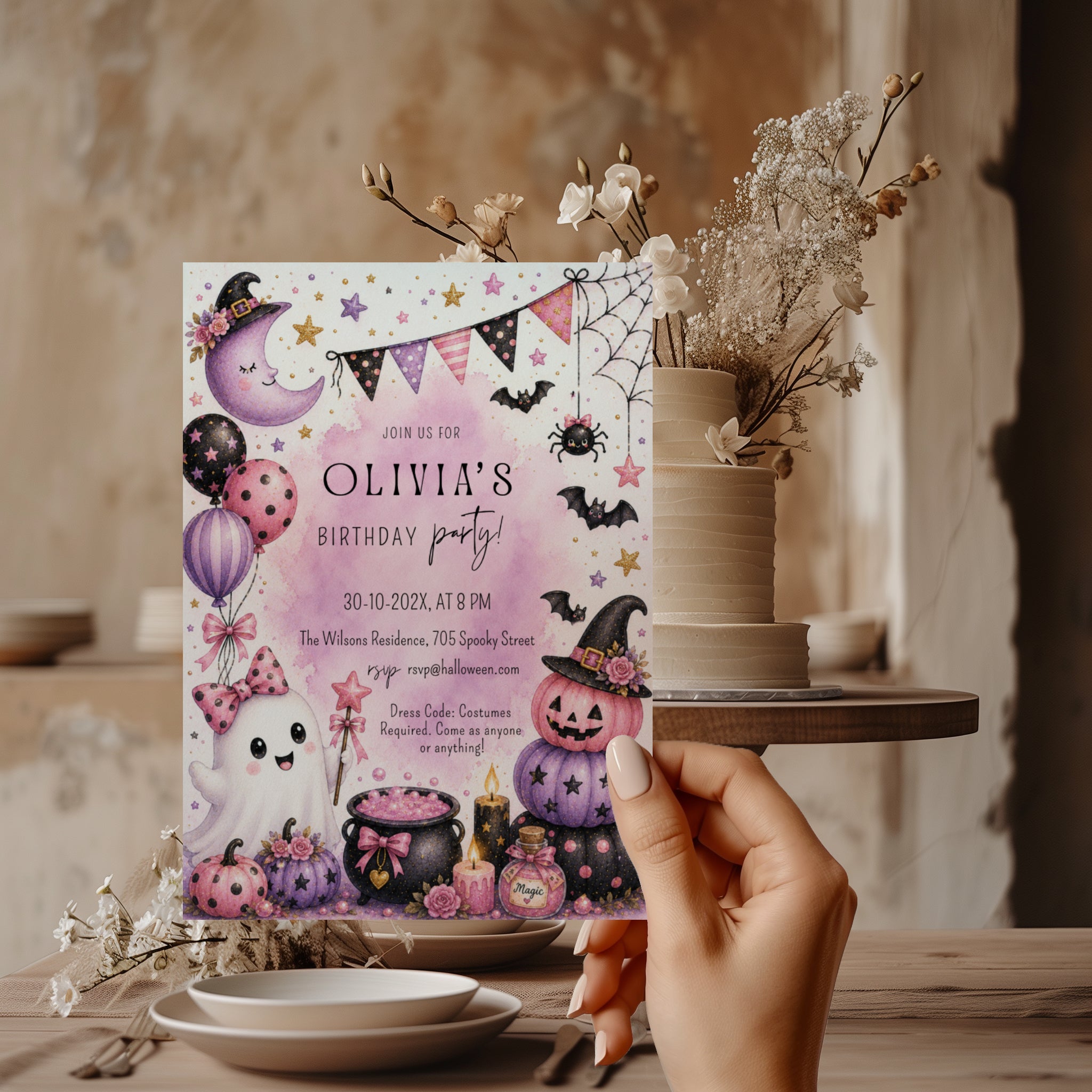 Pink Halloween birthday party invitation with a cute ghost, pink and purple pumpkins, witch hats, bats, balloons, and whimsical watercolor details.