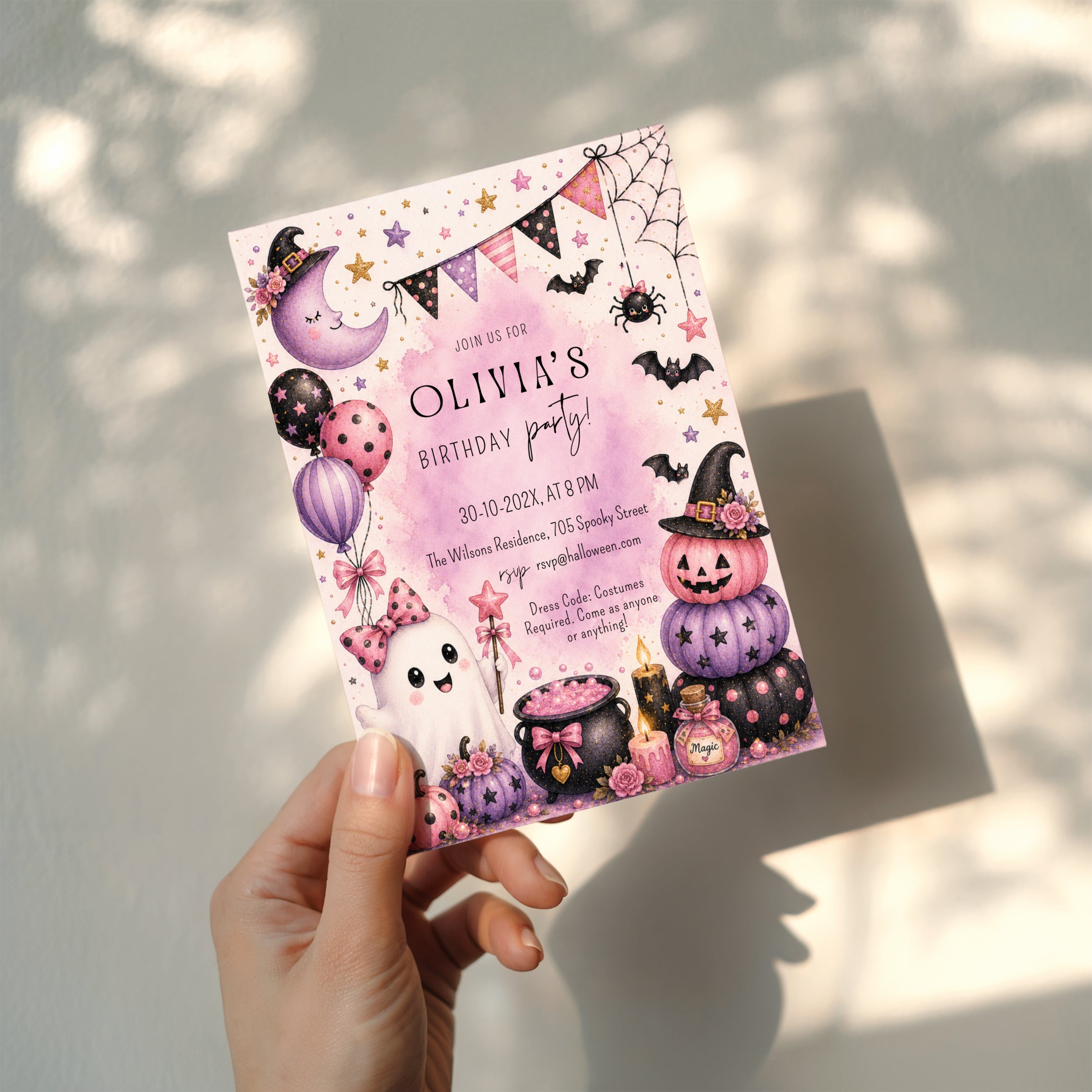 Pink Halloween birthday party invitation with a cute ghost, pink and purple pumpkins, witch hats, bats, balloons, and whimsical watercolor details.