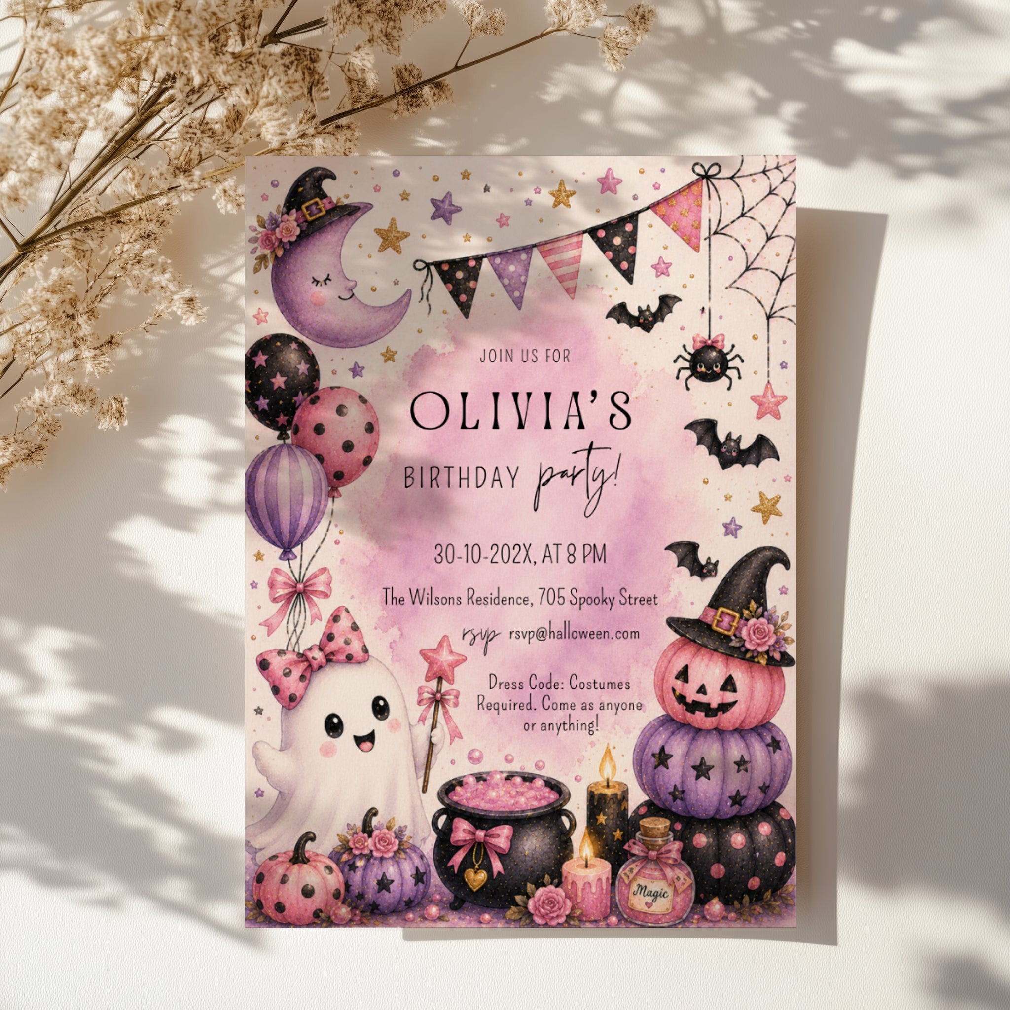 Pink Halloween birthday party invitation with a cute ghost, pink and purple pumpkins, witch hats, bats, balloons, and whimsical watercolor details.