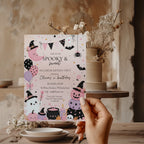 Spooky Sweet Halloween birthday invitation with pink pumpkins, cute ghost, witch hats, bats, balloons, candy, and pastel pink and purple party details.