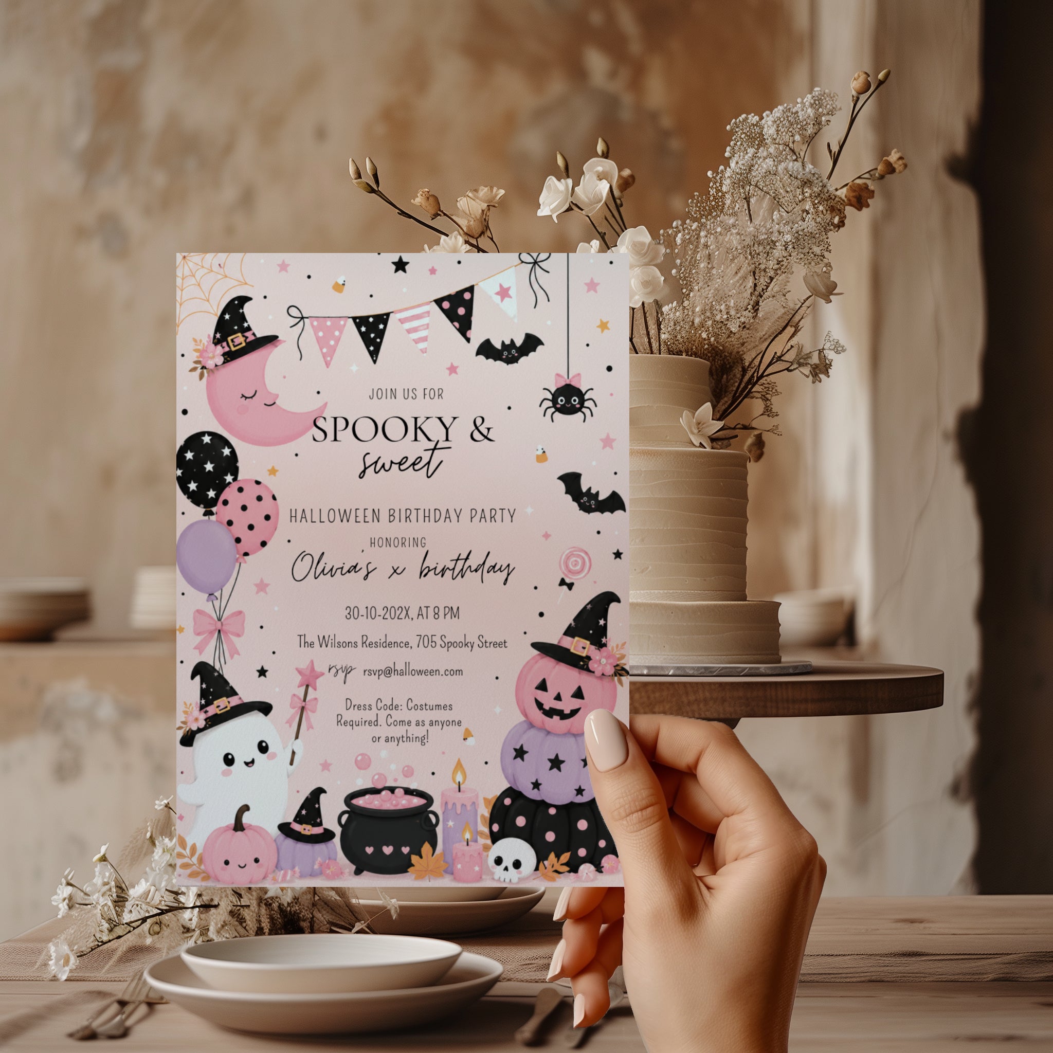 Spooky Sweet Halloween birthday invitation with pink pumpkins, cute ghost, witch hats, bats, balloons, candy, and pastel pink and purple party details.