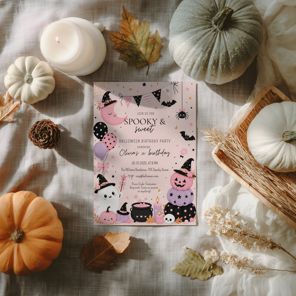 Spooky Sweet Halloween birthday invitation with pink pumpkins, cute ghost, witch hats, bats, balloons, candy, and pastel pink and purple party details.
