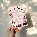 Spooky Sweet Halloween birthday invitation with pink pumpkins, cute ghost, witch hats, bats, balloons, candy, and pastel pink and purple party details.