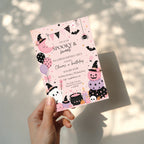 Spooky Sweet Halloween birthday invitation with pink pumpkins, cute ghost, witch hats, bats, balloons, candy, and pastel pink and purple party details.