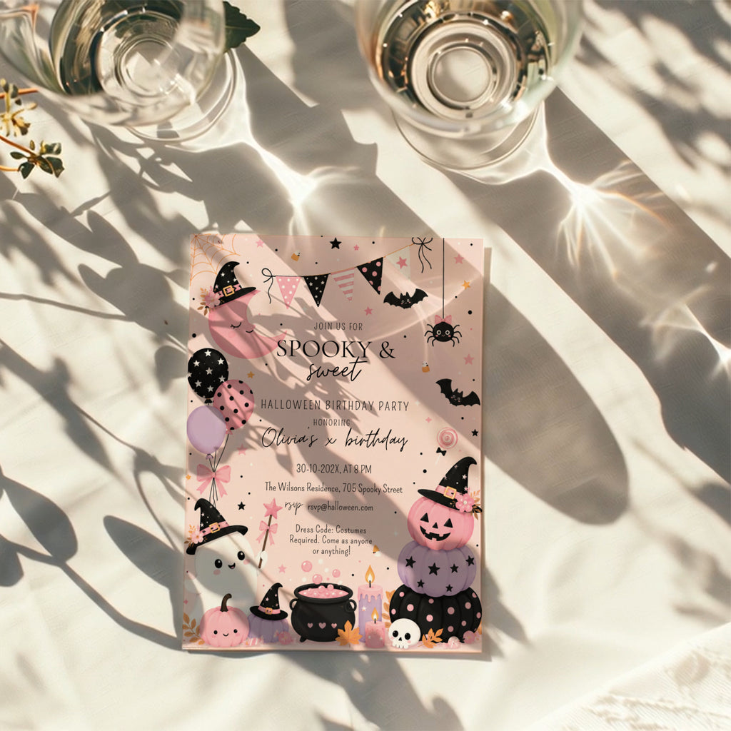 Spooky Sweet Halloween birthday invitation with pink pumpkins, cute ghost, witch hats, bats, balloons, candy, and pastel pink and purple party details.