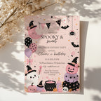 Spooky Sweet Halloween birthday invitation with pink pumpkins, cute ghost, witch hats, bats, balloons, candy, and pastel pink and purple party details.