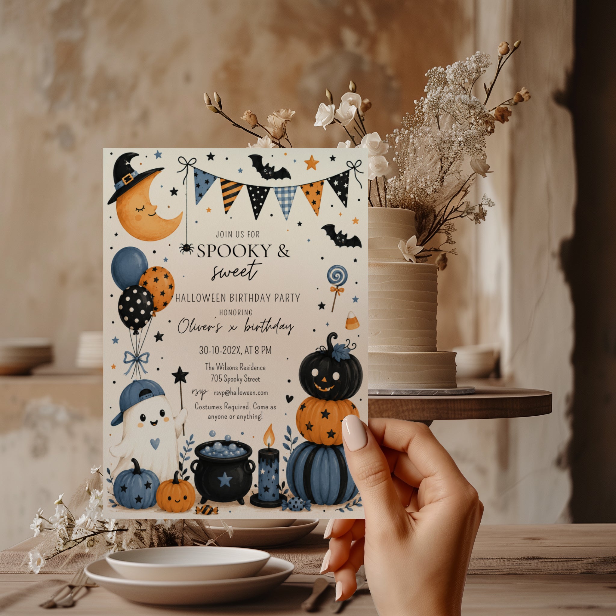 Boys Halloween birthday party invitation with a cute ghost, orange and navy pumpkins, bats, balloons, candy, and playful spooky party details.