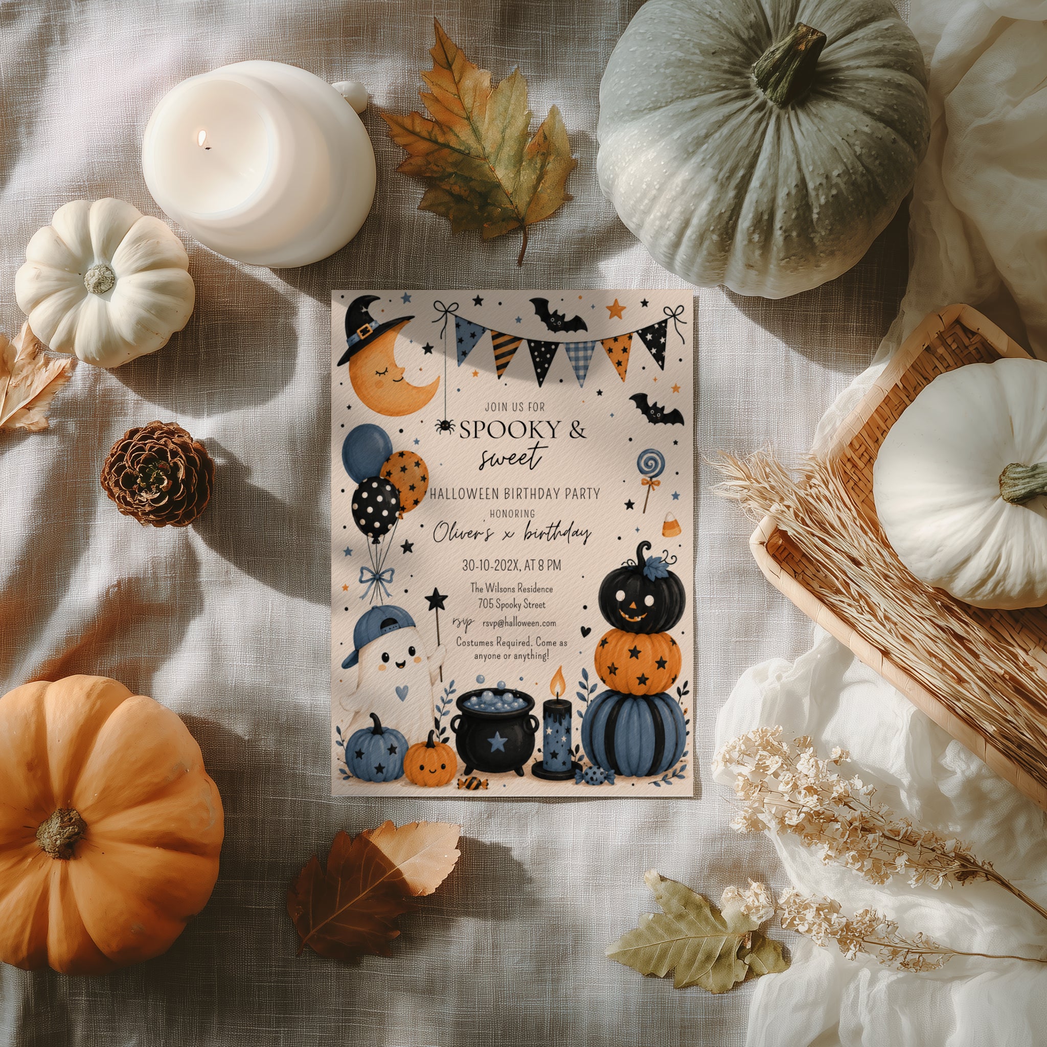 Boys Halloween birthday party invitation with a cute ghost, orange and navy pumpkins, bats, balloons, candy, and playful spooky party details.