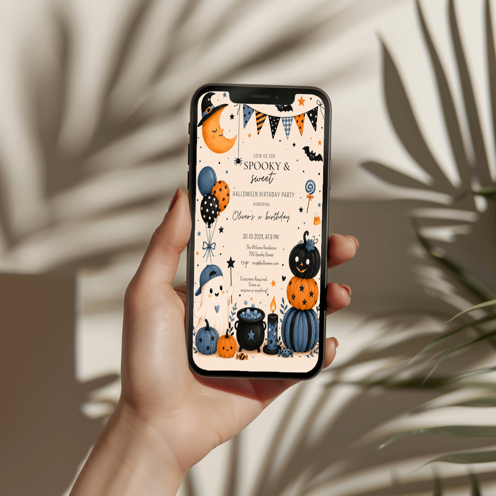 Boys Halloween birthday party invitation with a cute ghost, orange and navy pumpkins, bats, balloons, candy, and playful spooky party details.