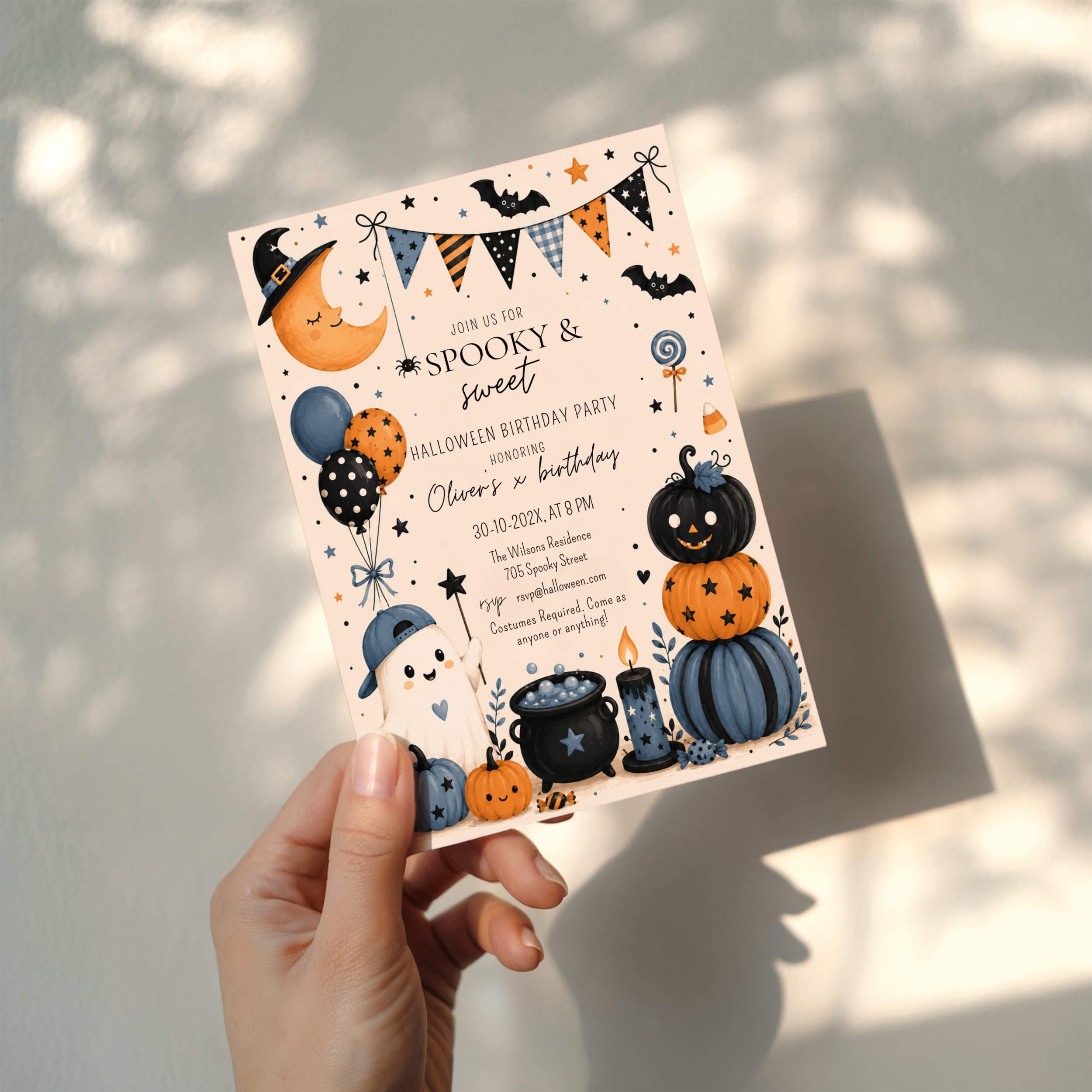 Boys Halloween birthday party invitation with a cute ghost, orange and navy pumpkins, bats, balloons, candy, and playful spooky party details.