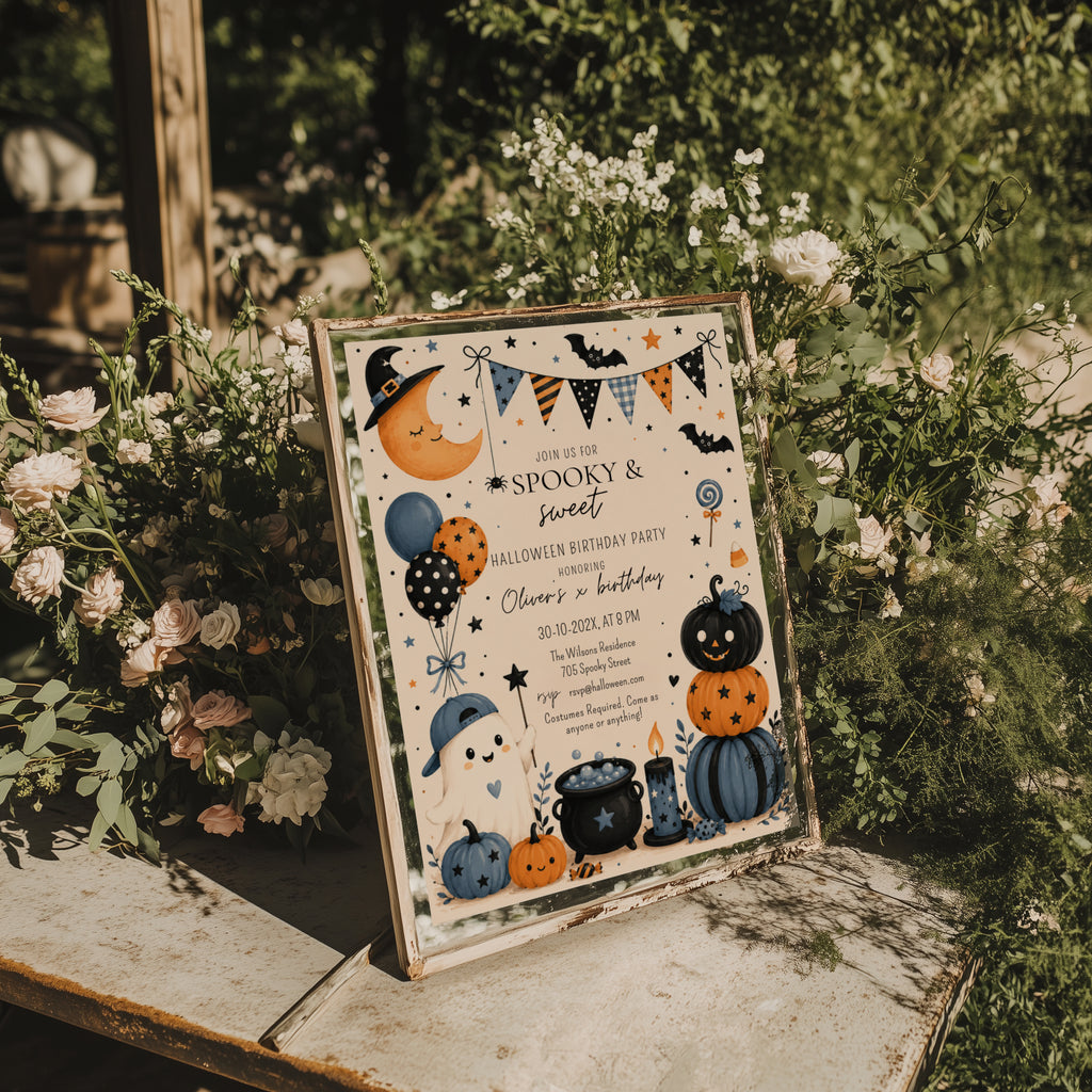Boys Halloween birthday party invitation with a cute ghost, orange and navy pumpkins, bats, balloons, candy, and playful spooky party details.