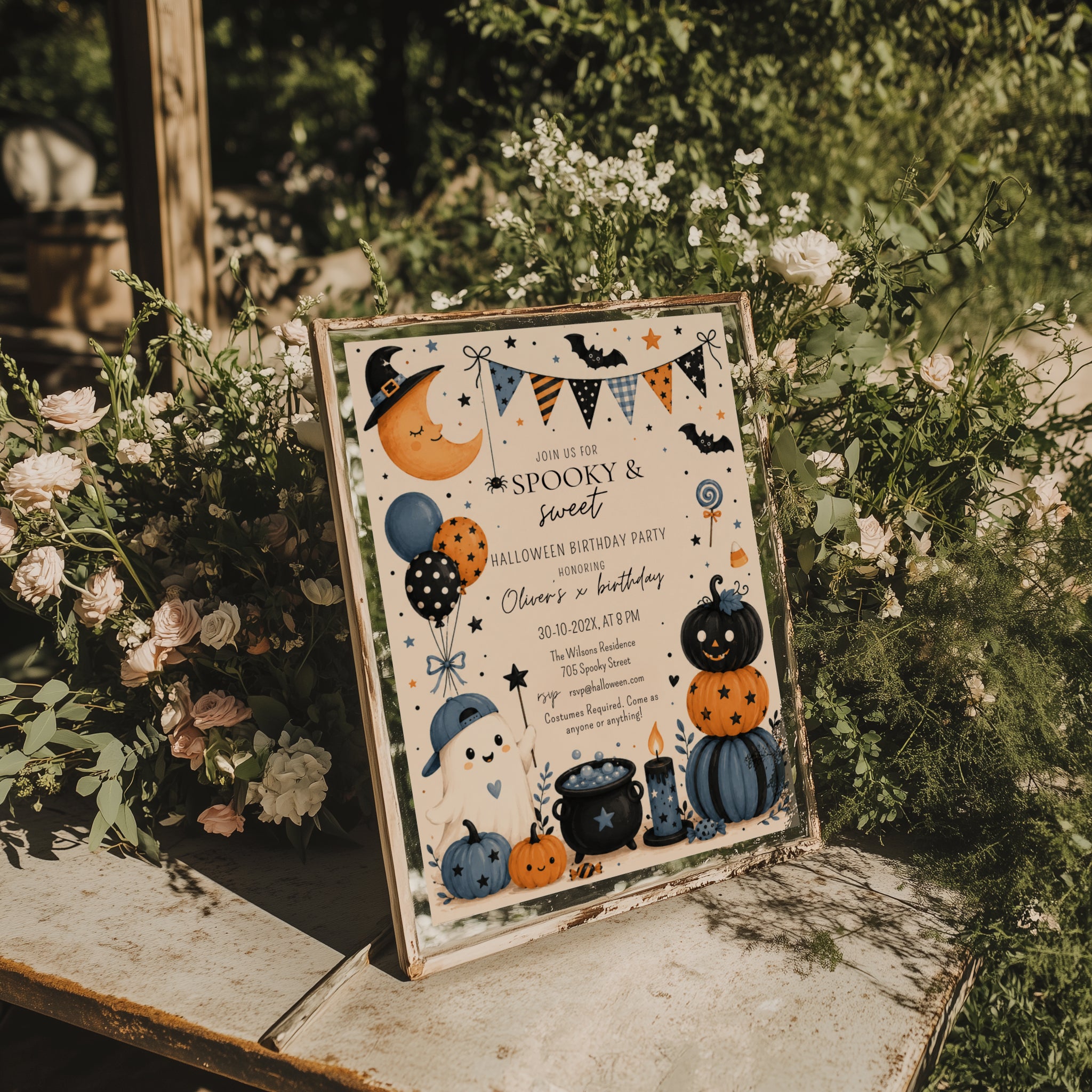 Boys Halloween birthday party invitation with a cute ghost, orange and navy pumpkins, bats, balloons, candy, and playful spooky party details.