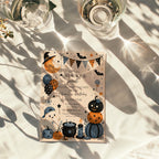 Boys Halloween birthday party invitation with a cute ghost, orange and navy pumpkins, bats, balloons, candy, and playful spooky party details.