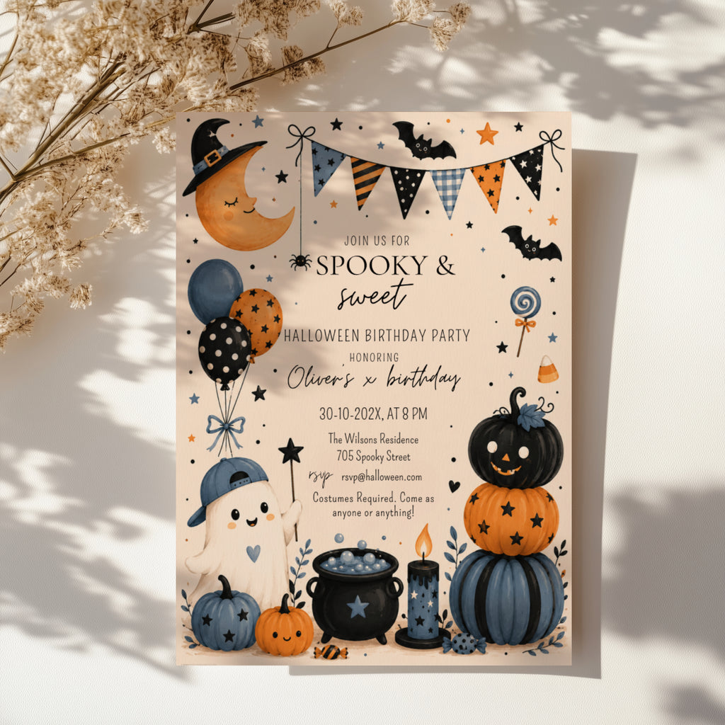 Boys Halloween birthday party invitation with a cute ghost, orange and navy pumpkins, bats, balloons, candy, and playful spooky party details.
