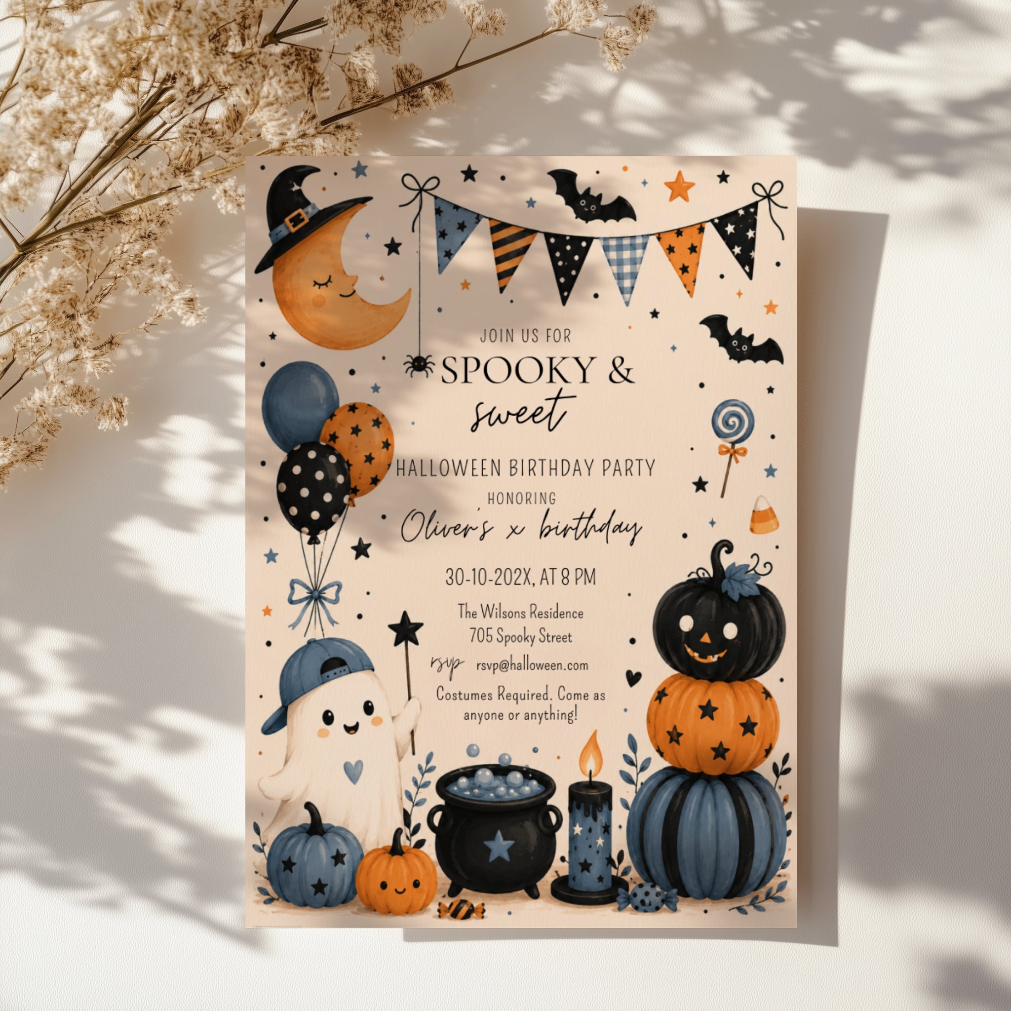 Boys Halloween birthday party invitation with a cute ghost, orange and navy pumpkins, bats, balloons, candy, and playful spooky party details.