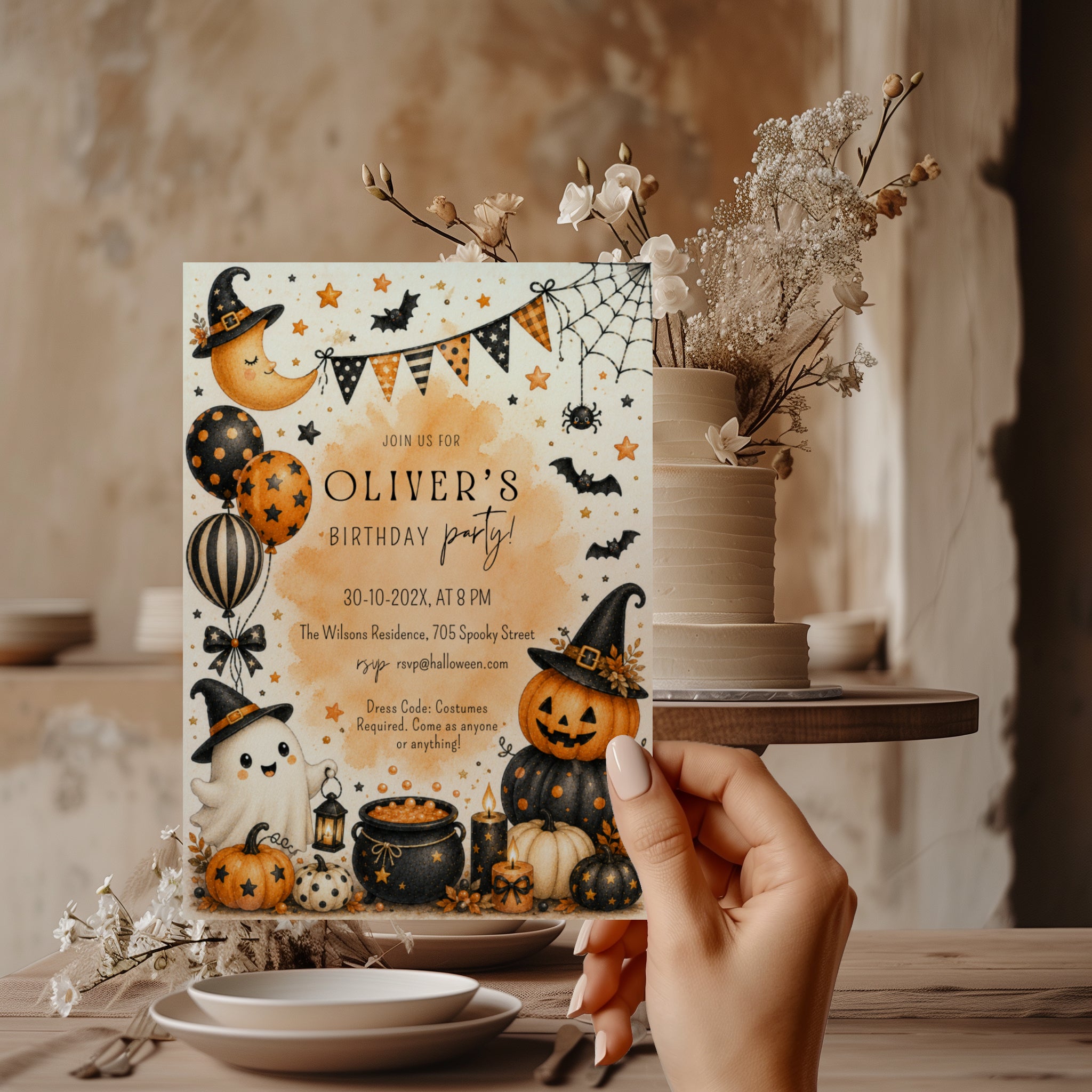 Watercolor Halloween birthday party invitation with a cute ghost, orange pumpkins, witch hats, bats, balloons, and a bubbling black cauldron.