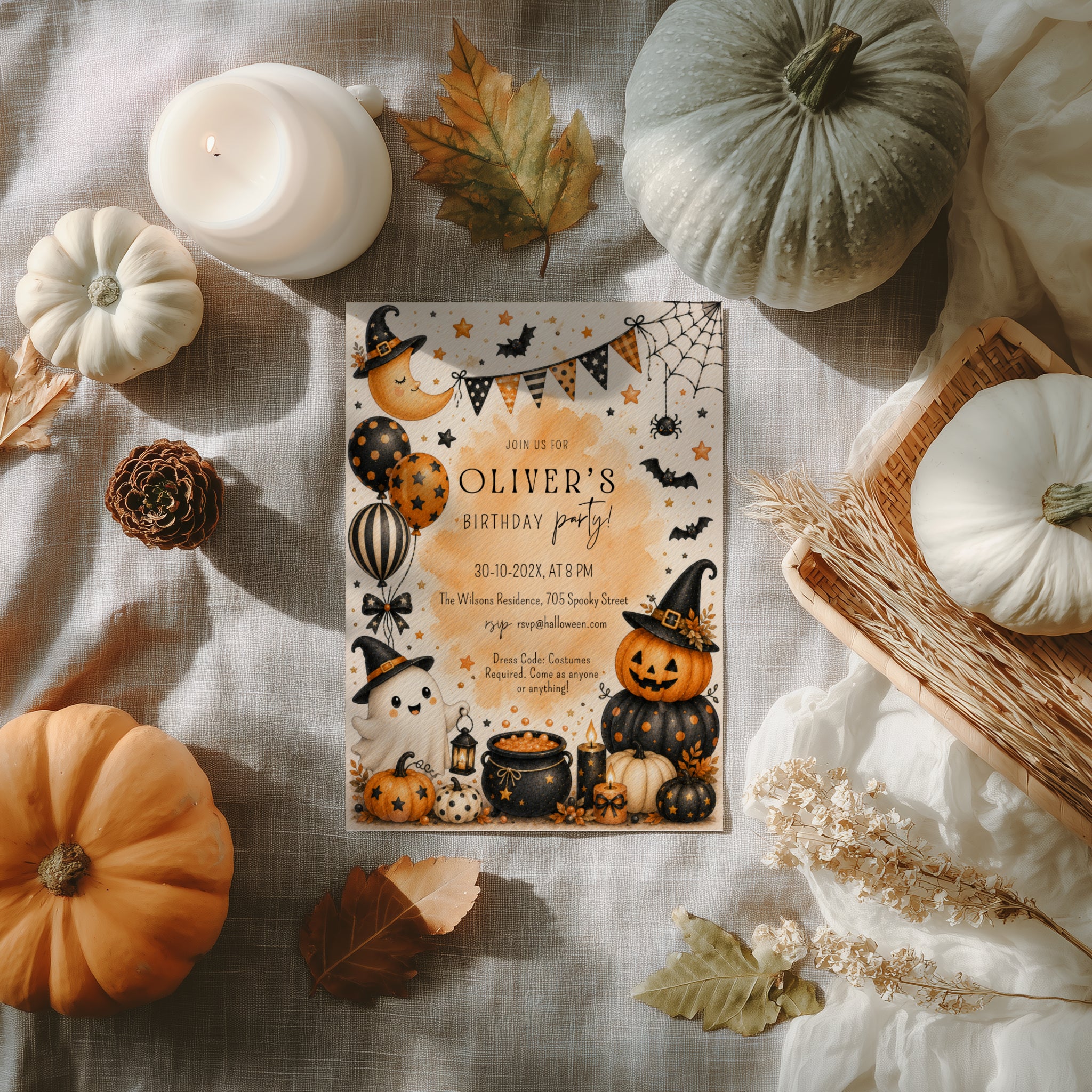 Watercolor Halloween birthday party invitation with a cute ghost, orange pumpkins, witch hats, bats, balloons, and a bubbling black cauldron.