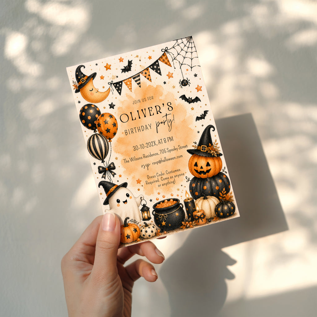 Watercolor Halloween birthday party invitation with a cute ghost, orange pumpkins, witch hats, bats, balloons, and a bubbling black cauldron.