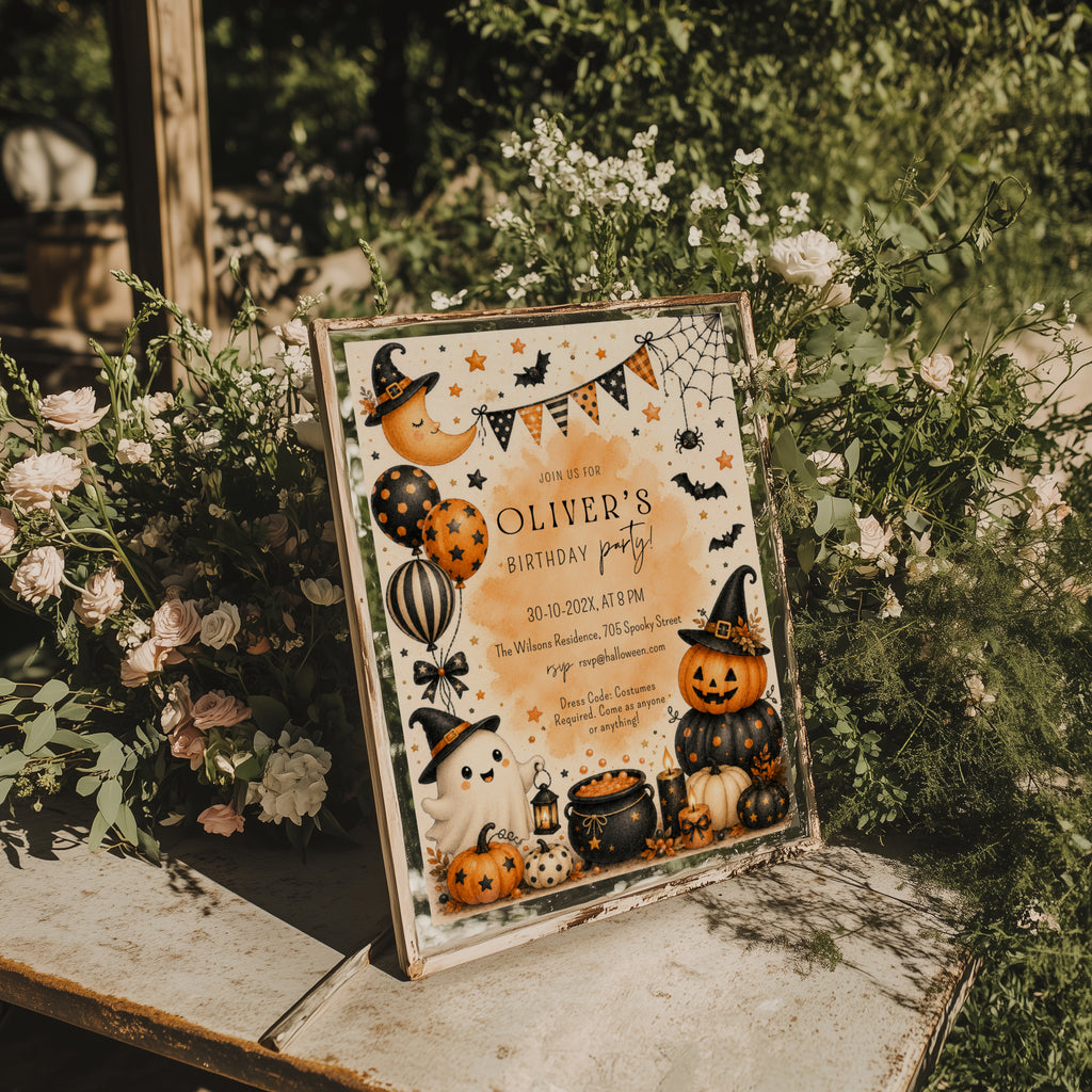 Watercolor Halloween birthday party invitation with a cute ghost, orange pumpkins, witch hats, bats, balloons, and a bubbling black cauldron.