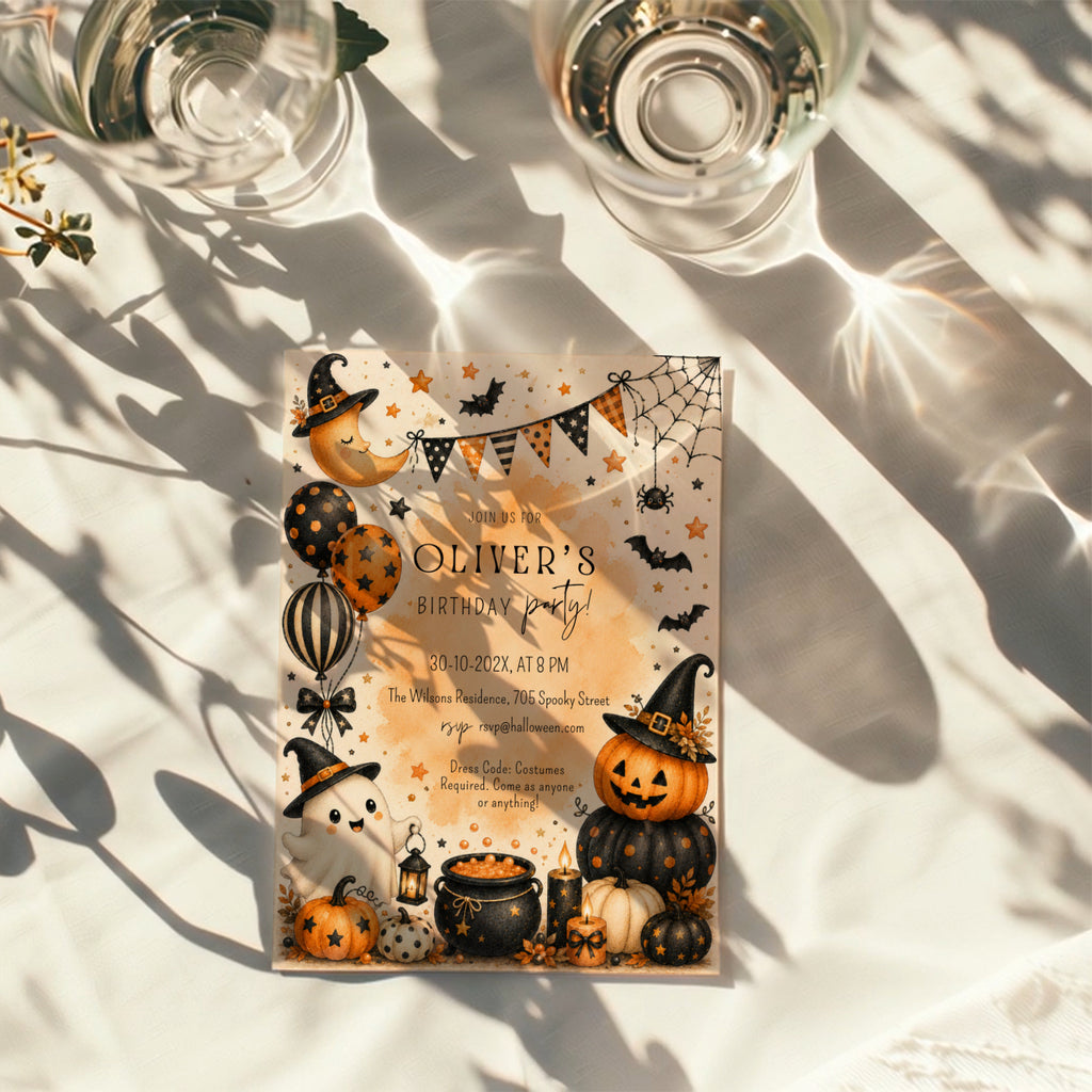 Watercolor Halloween birthday party invitation with a cute ghost, orange pumpkins, witch hats, bats, balloons, and a bubbling black cauldron.
