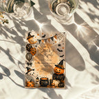 Watercolor Halloween birthday party invitation with a cute ghost, orange pumpkins, witch hats, bats, balloons, and a bubbling black cauldron.