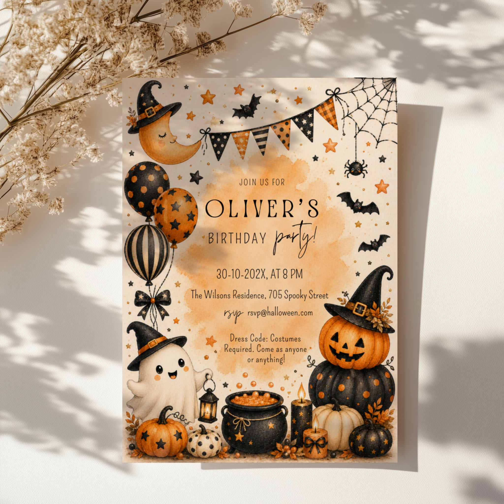 Watercolor Halloween birthday party invitation with a cute ghost, orange pumpkins, witch hats, bats, balloons, and a bubbling black cauldron.