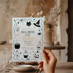 Minimalist Halloween party invitation with a cute ghost, black cat, witch hat, cauldron, skull, pumpkin, and black-and-white spooky illustrations.