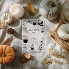 Minimalist Halloween party invitation with a cute ghost, black cat, witch hat, cauldron, skull, pumpkin, and black-and-white spooky illustrations.