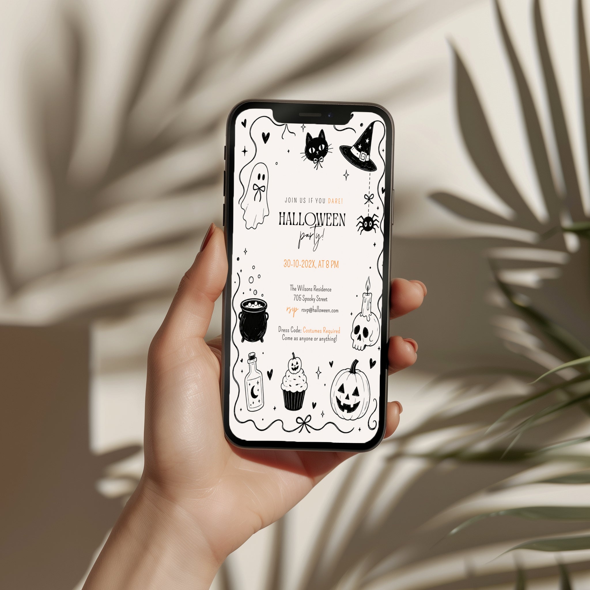 Minimalist Halloween party invitation with a cute ghost, black cat, witch hat, cauldron, skull, pumpkin, and black-and-white spooky illustrations.