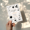 Minimalist Halloween party invitation with a cute ghost, black cat, witch hat, cauldron, skull, pumpkin, and black-and-white spooky illustrations.