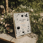 Minimalist Halloween party invitation with a cute ghost, black cat, witch hat, cauldron, skull, pumpkin, and black-and-white spooky illustrations.