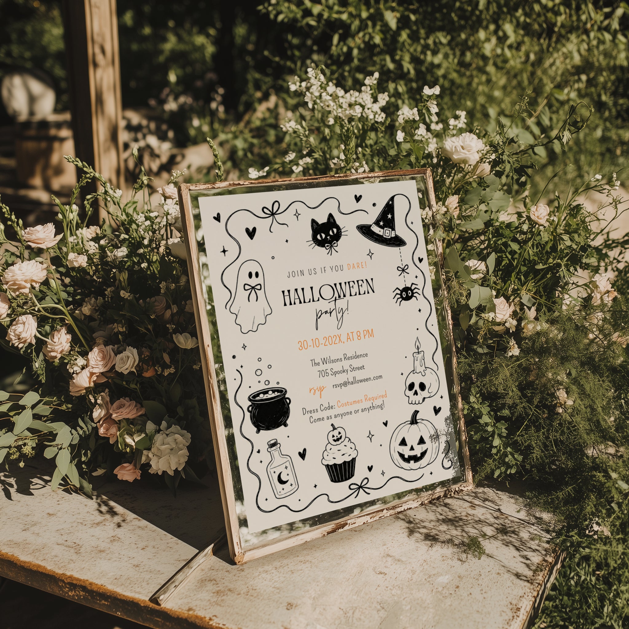 Minimalist Halloween party invitation with a cute ghost, black cat, witch hat, cauldron, skull, pumpkin, and black-and-white spooky illustrations.