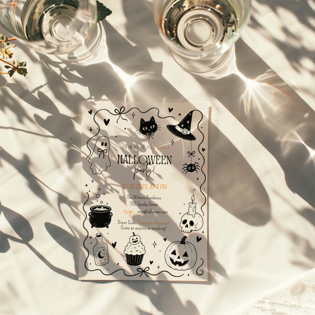 Minimalist Halloween party invitation with a cute ghost, black cat, witch hat, cauldron, skull, pumpkin, and black-and-white spooky illustrations.