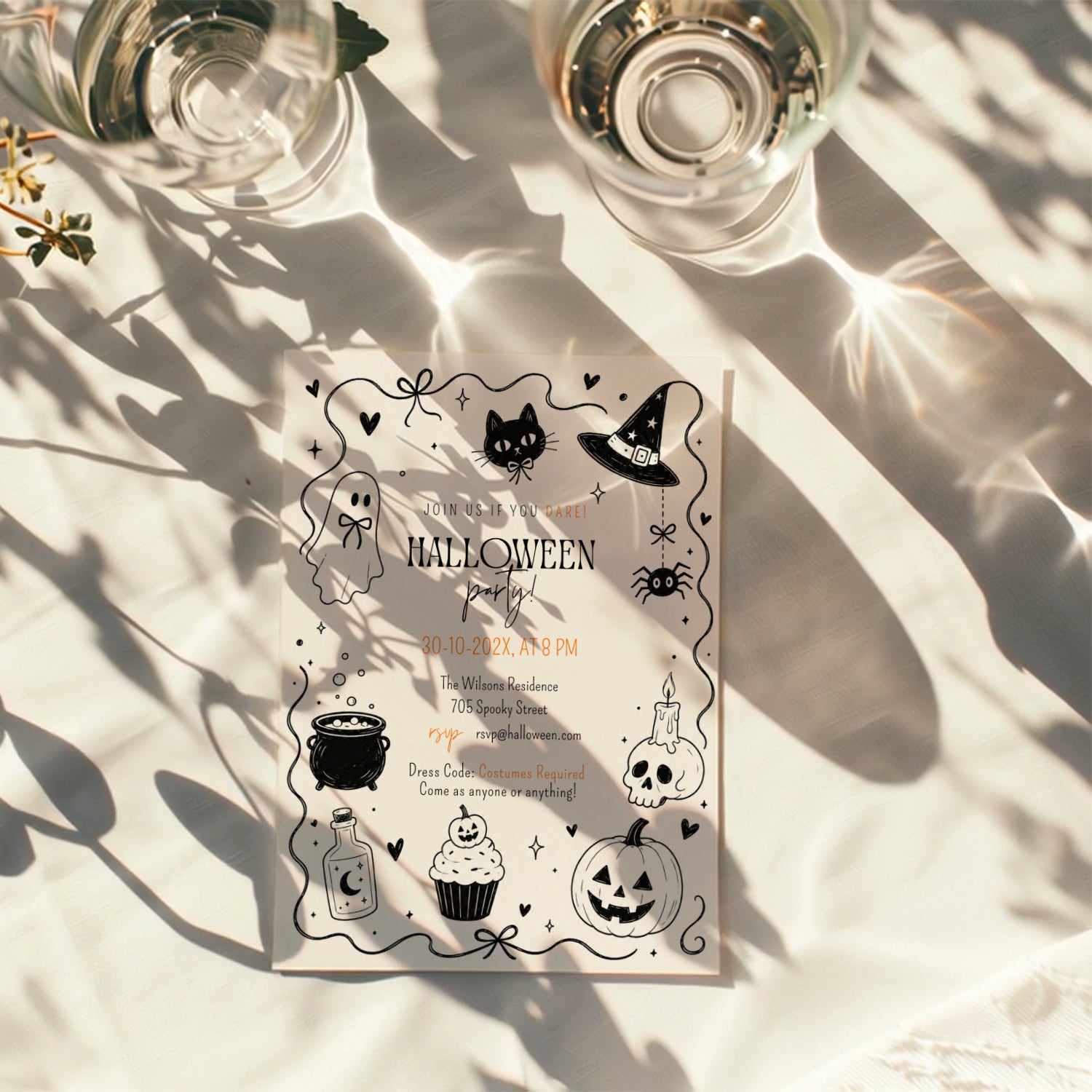 Minimalist Halloween party invitation with a cute ghost, black cat, witch hat, cauldron, skull, pumpkin, and black-and-white spooky illustrations.