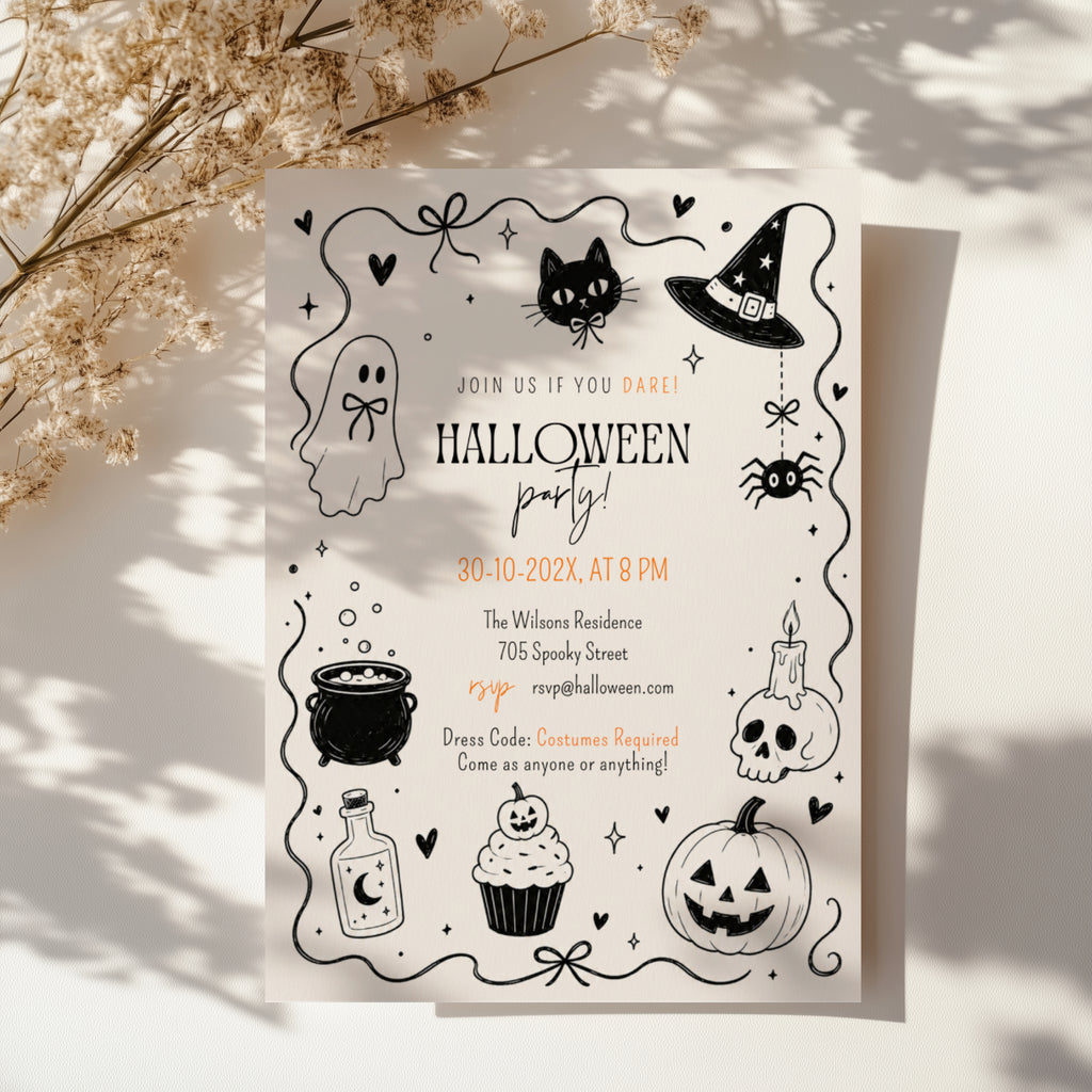 Minimalist Halloween party invitation with a cute ghost, black cat, witch hat, cauldron, skull, pumpkin, and black-and-white spooky illustrations.