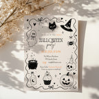Minimalist Halloween party invitation with a cute ghost, black cat, witch hat, cauldron, skull, pumpkin, and black-and-white spooky illustrations.