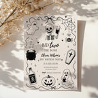 Bad Two the Bone birthday invitation for a second birthday with black and white skeleton, ghost, cauldron, coffin, spider and pumpkin illustrations.