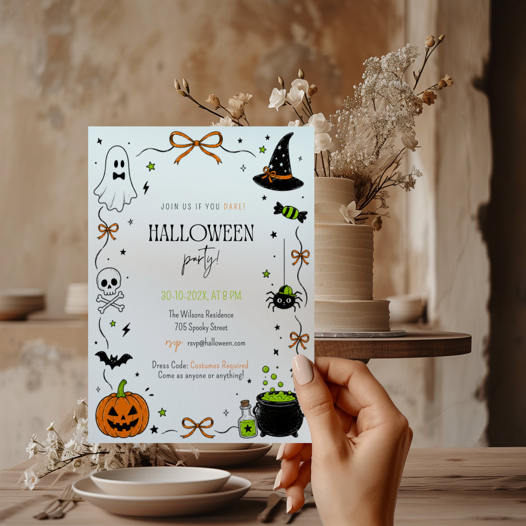 Halloween costume party invitation with ghost, witch hat, spider, skull, orange jack-o'-lantern and bubbling green cauldron illustrations.
