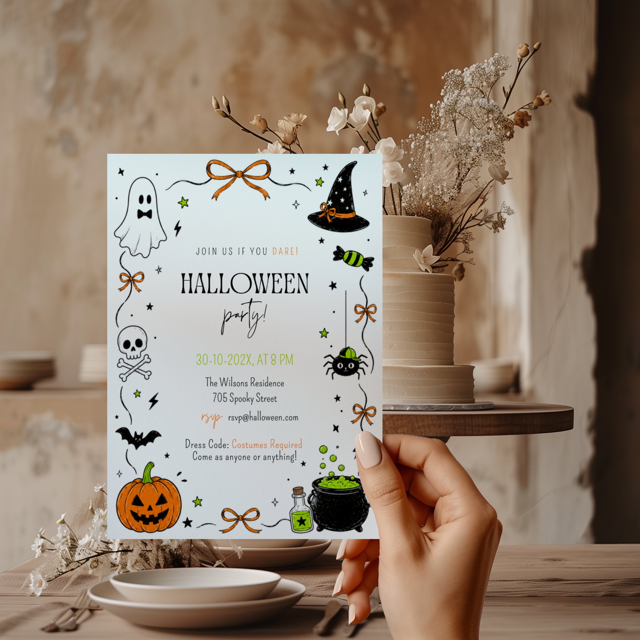 Halloween costume party invitation with ghost, witch hat, spider, skull, orange jack-o'-lantern and bubbling green cauldron illustrations.