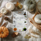 Halloween costume party invitation with ghost, witch hat, spider, skull, orange jack-o'-lantern and bubbling green cauldron illustrations.